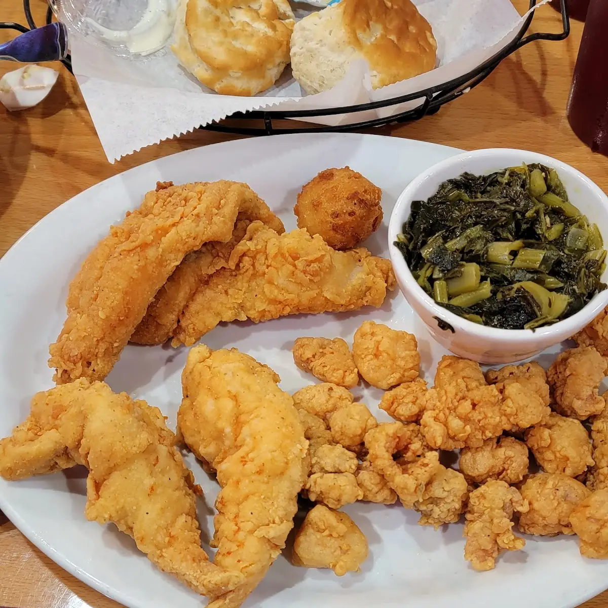 Chicken Fish Gator Bites and Collard Greens