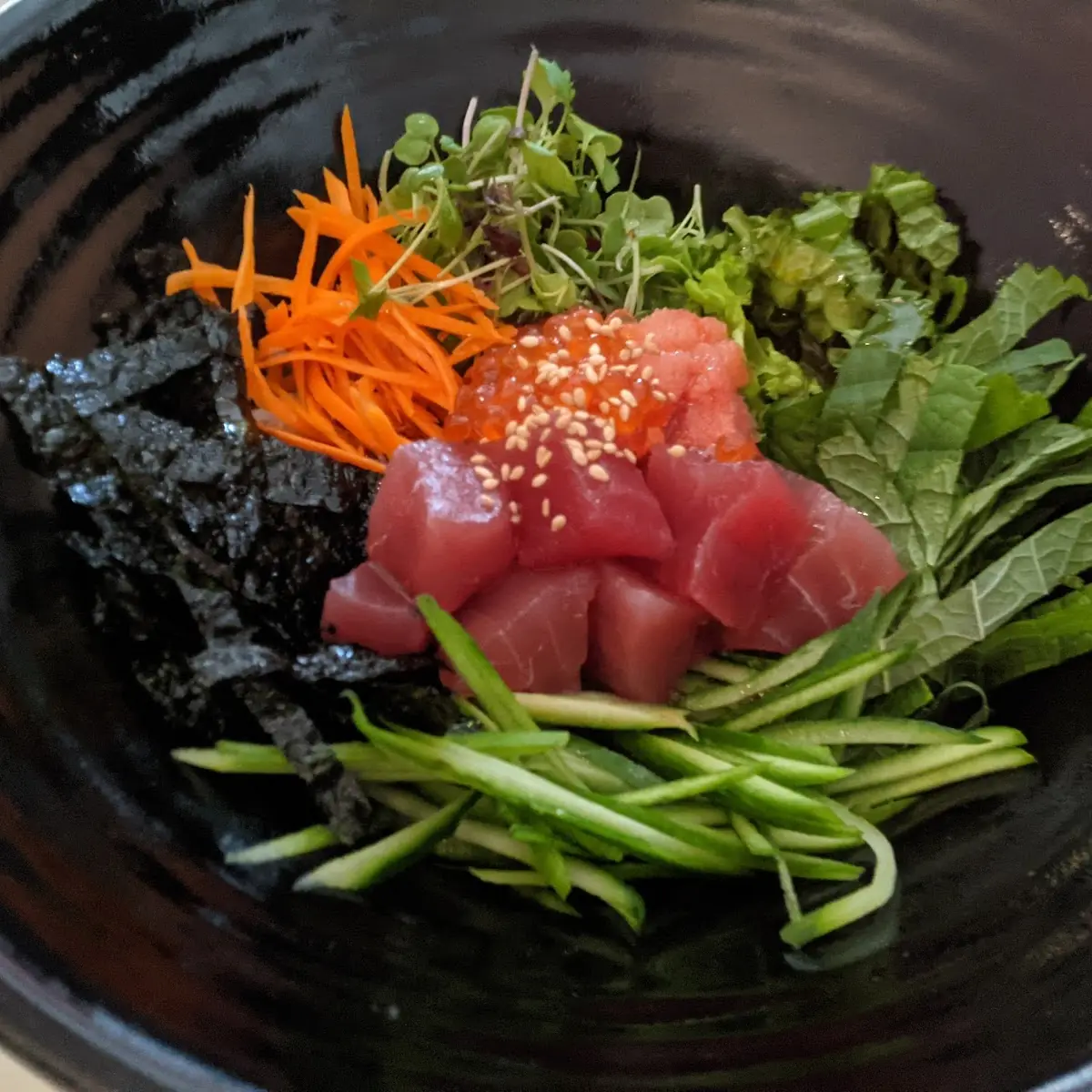 Tuna Sashimi Uni Spicy Cured Cod Roe Salmon Roe Perilla Leaf Bibimbop - Cold Bowl