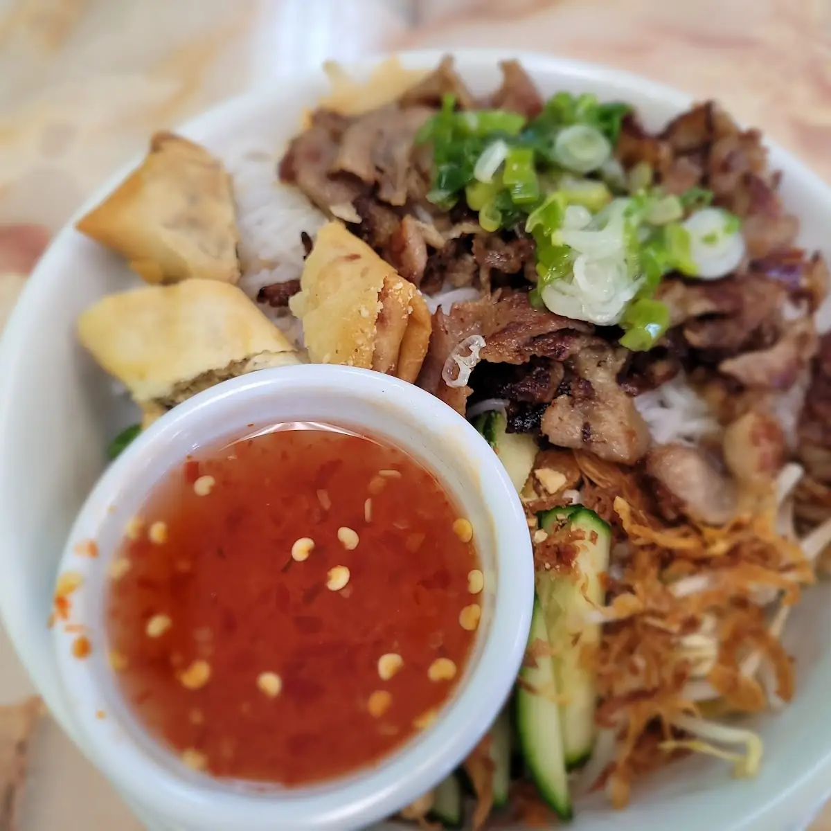 Combination Rice Vermicelli Char Grilled Pork & Egg Roll