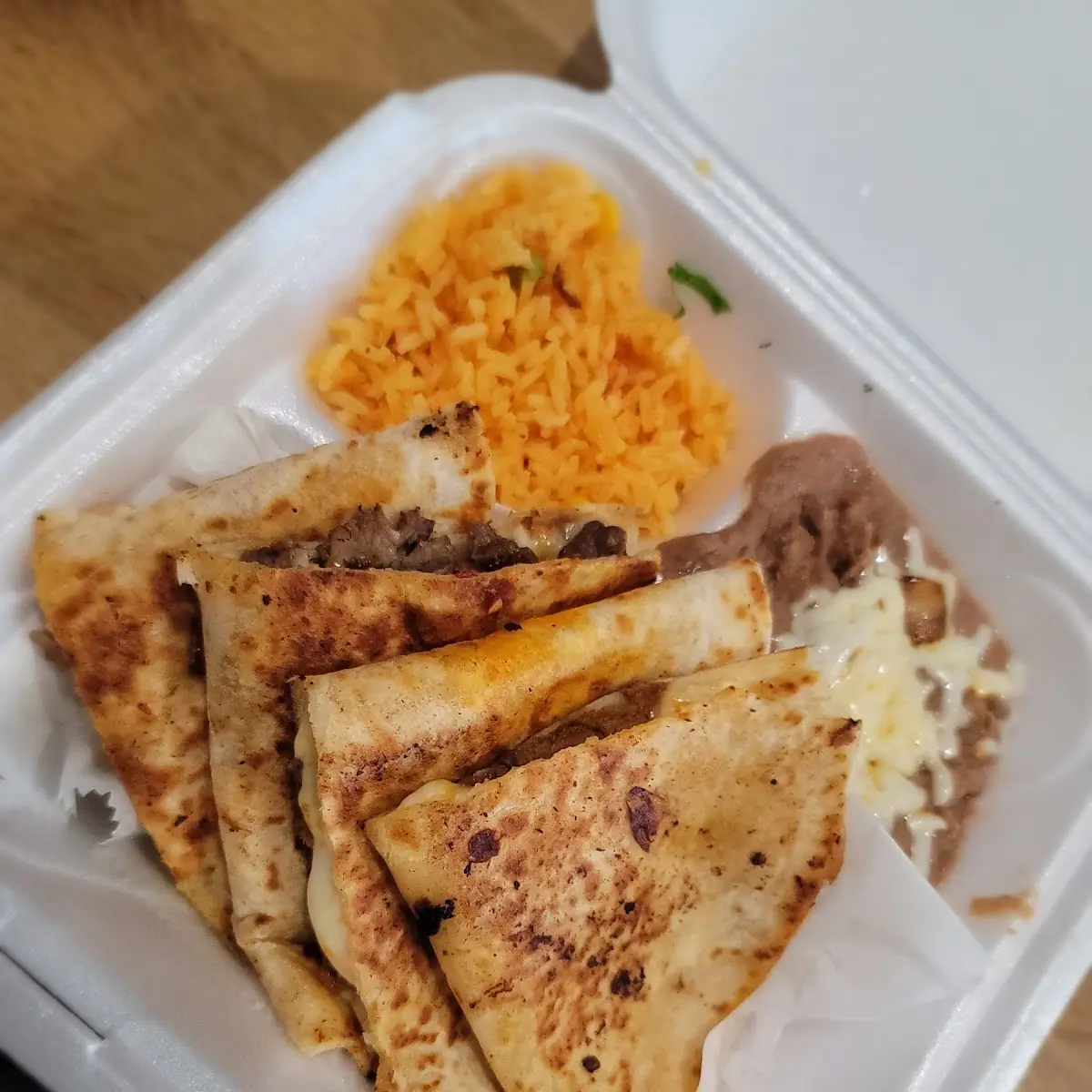 Quesadilla Served with Rice and Beans