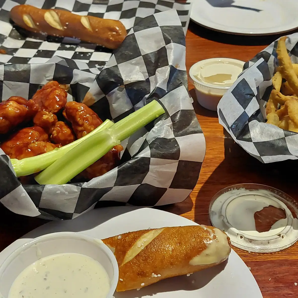 Chicken Wings Fried Pickles and Pretzel