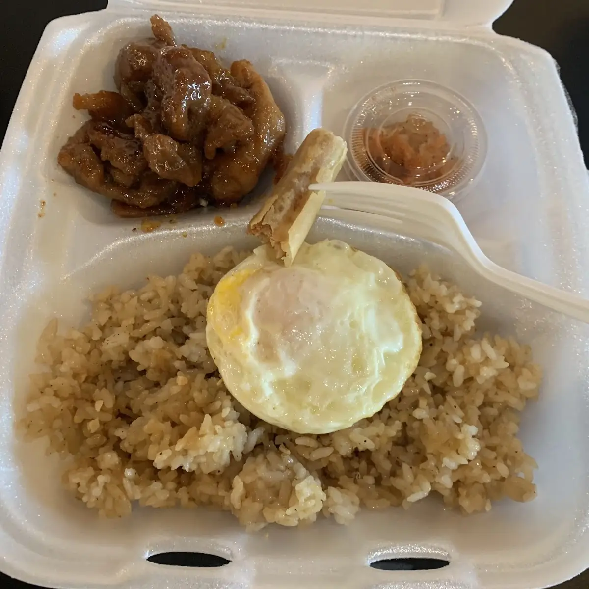 Tapsilog Marinated Beef with Garlic Rice and a Fried Egg Also Mango Pickled Relish