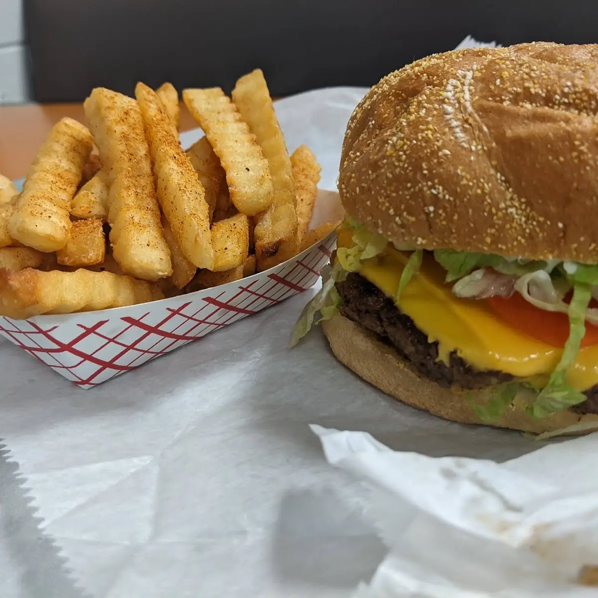 Cheeseburger and Seasoned Fries