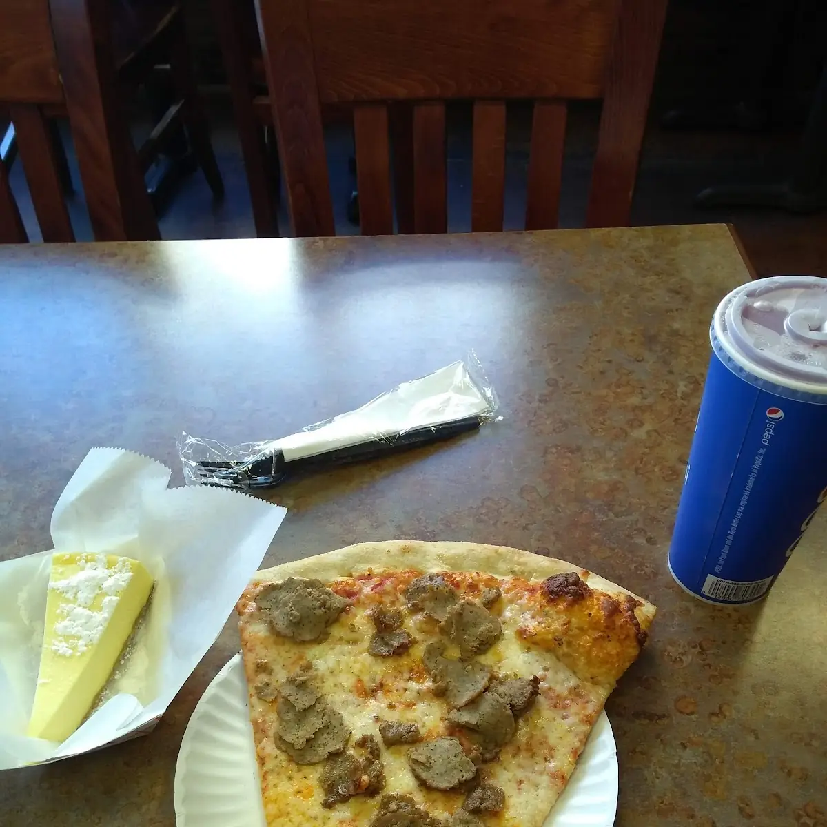 Cheese Slice with Meatballs and Slice of Cheese Cake with Orange Soda
