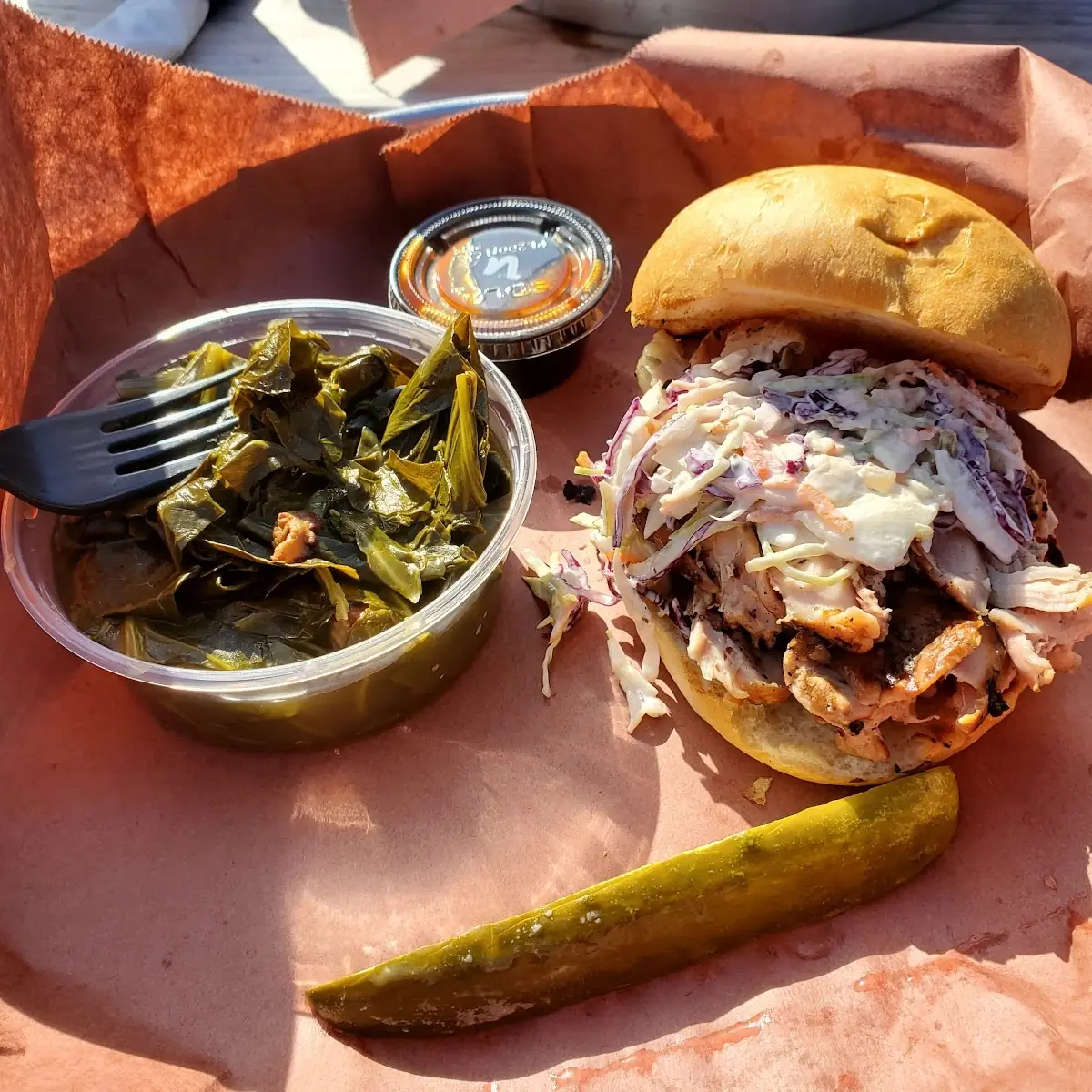 Pulled Smoked Chicken Sandwich with Collard Greens