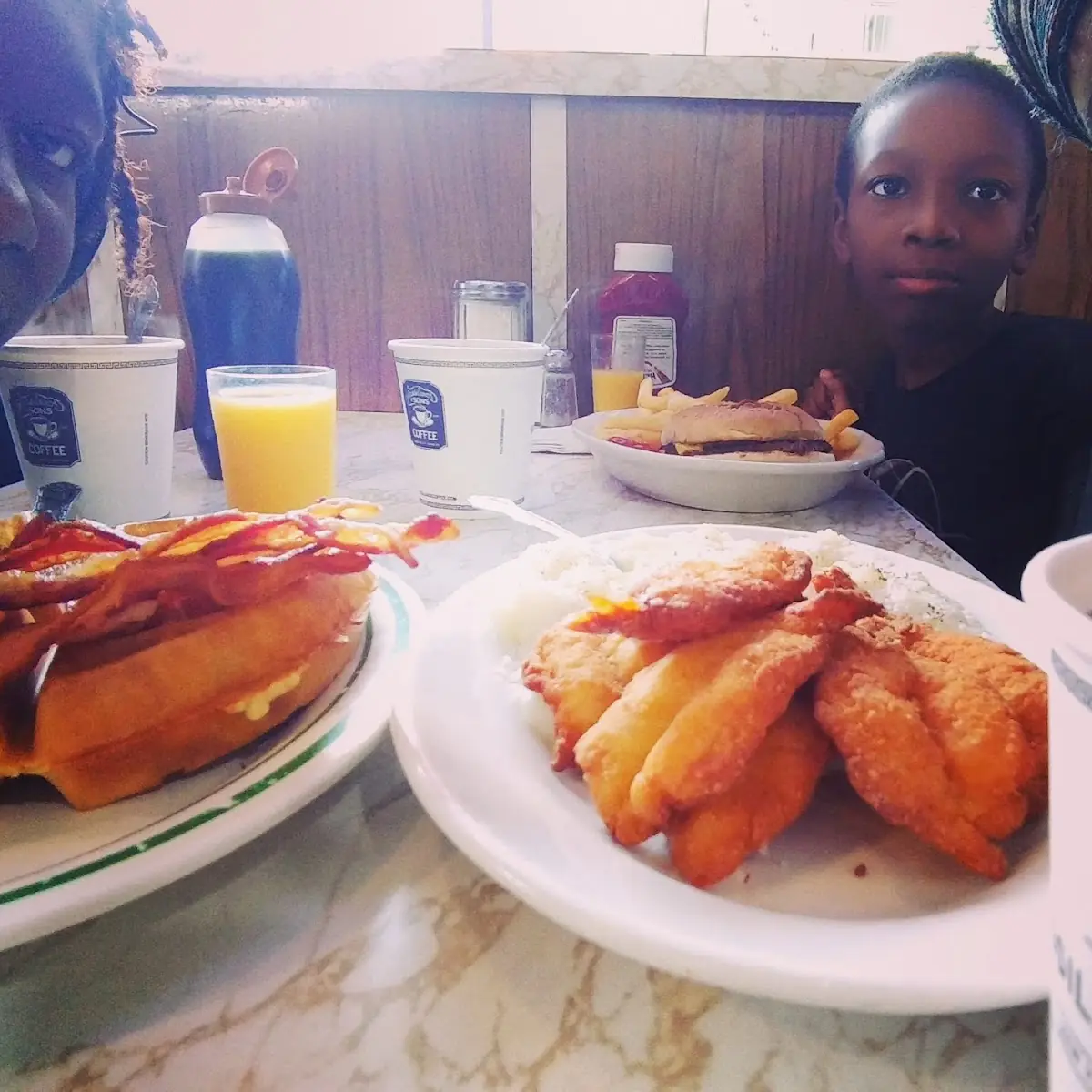Scrimp & Grits Waffles & Bacon Burger and Fries