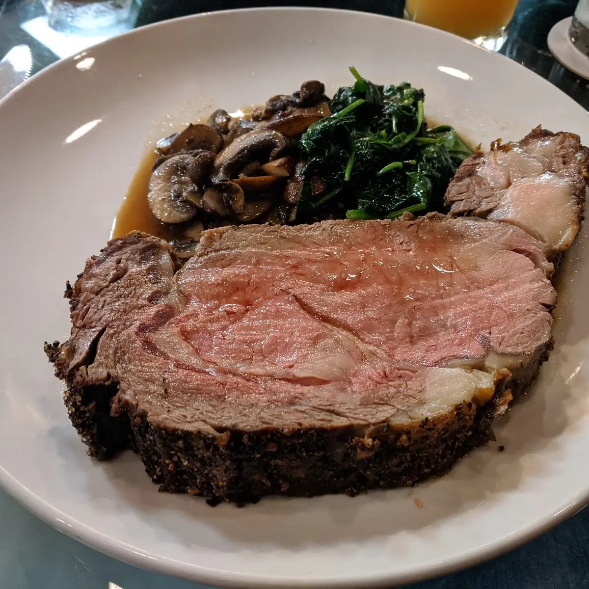 Prime Rib with Sauteed Mushrooms and Spinach