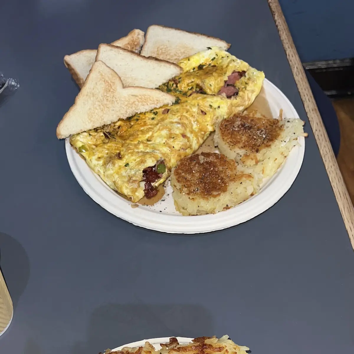 Omelette with Hash Browns and Toast