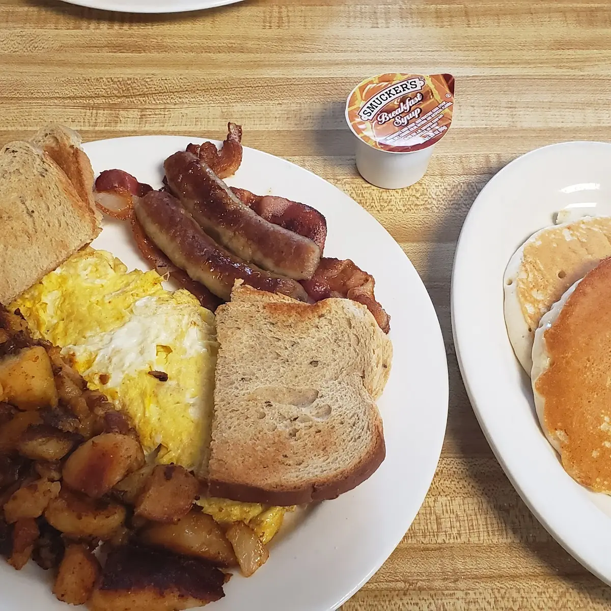 Eggs Bacon Sausage Pancakes