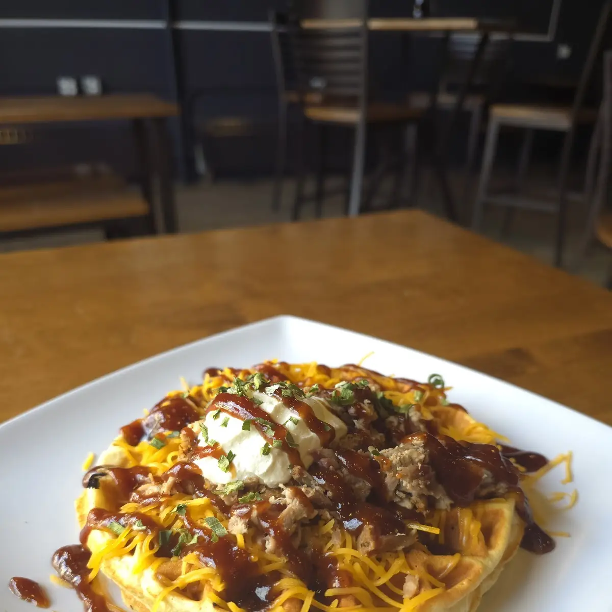 Loaded Potato Waffle with Pulled Pork