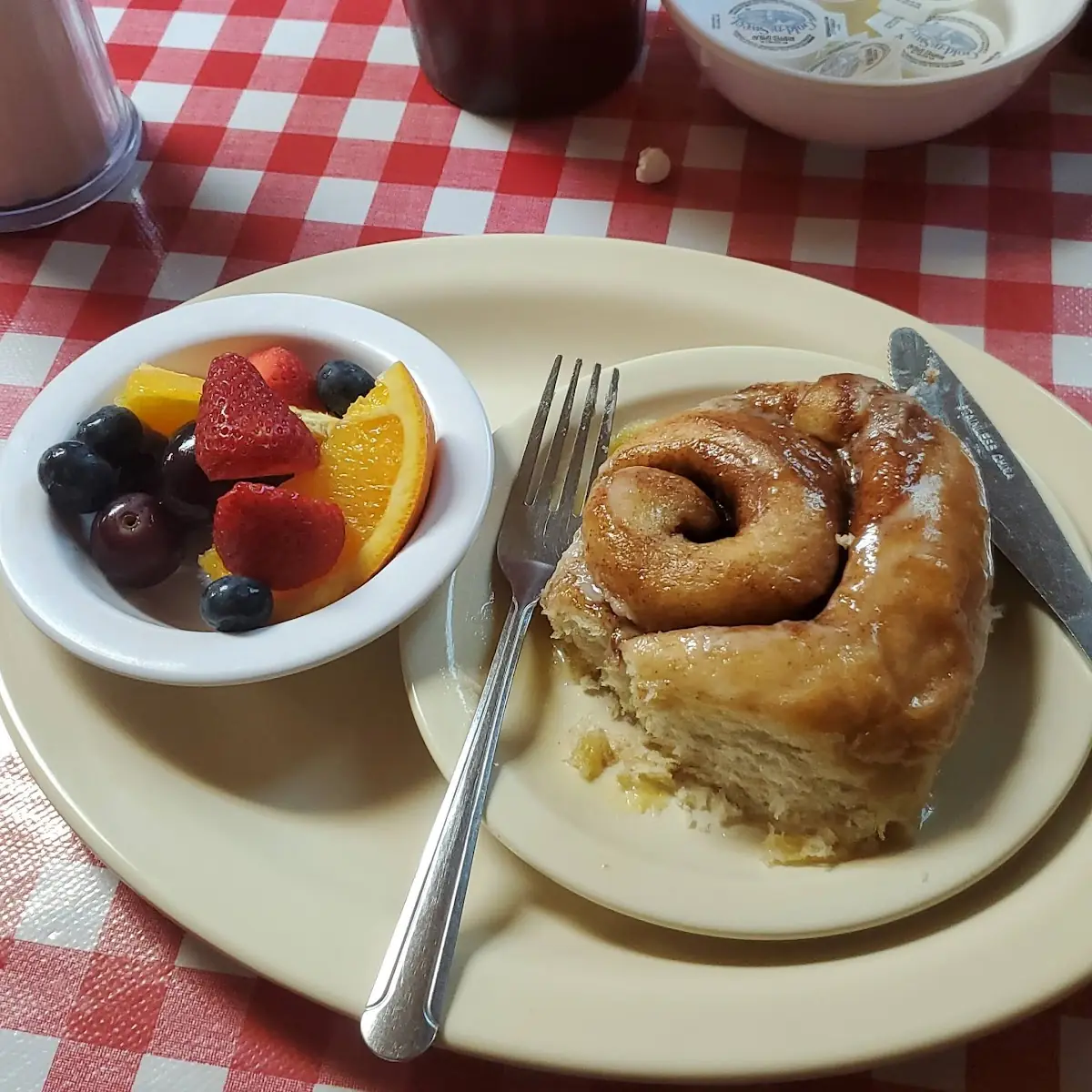 Cinnamon Roll with Fruit Cup