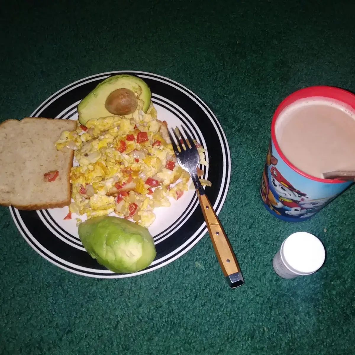 Scrambled Eggs Avacodo Bread and Coffee