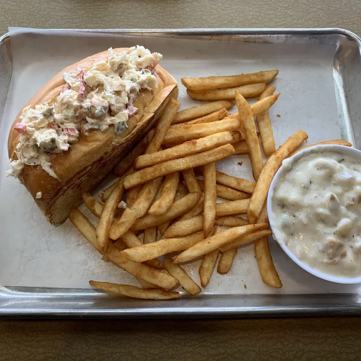 Crab Roll Fries and Seafood Chowder