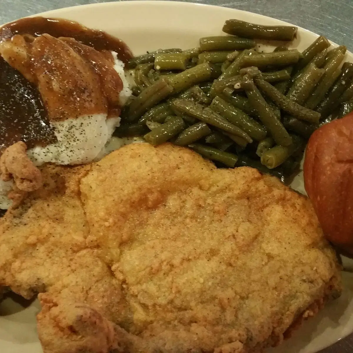 Fried Pork Chop with Green Beans and Mashed Potatoes