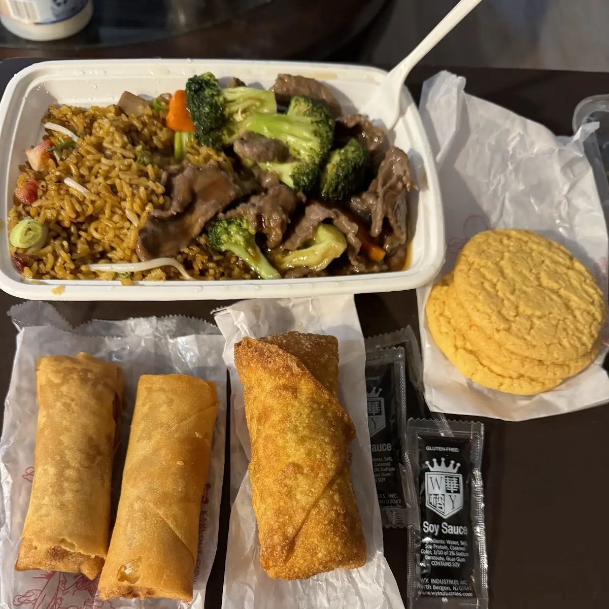 Broccoli Beef Combo Plate w Egg Roll & 2 Spring Rolls & 3 Cookies