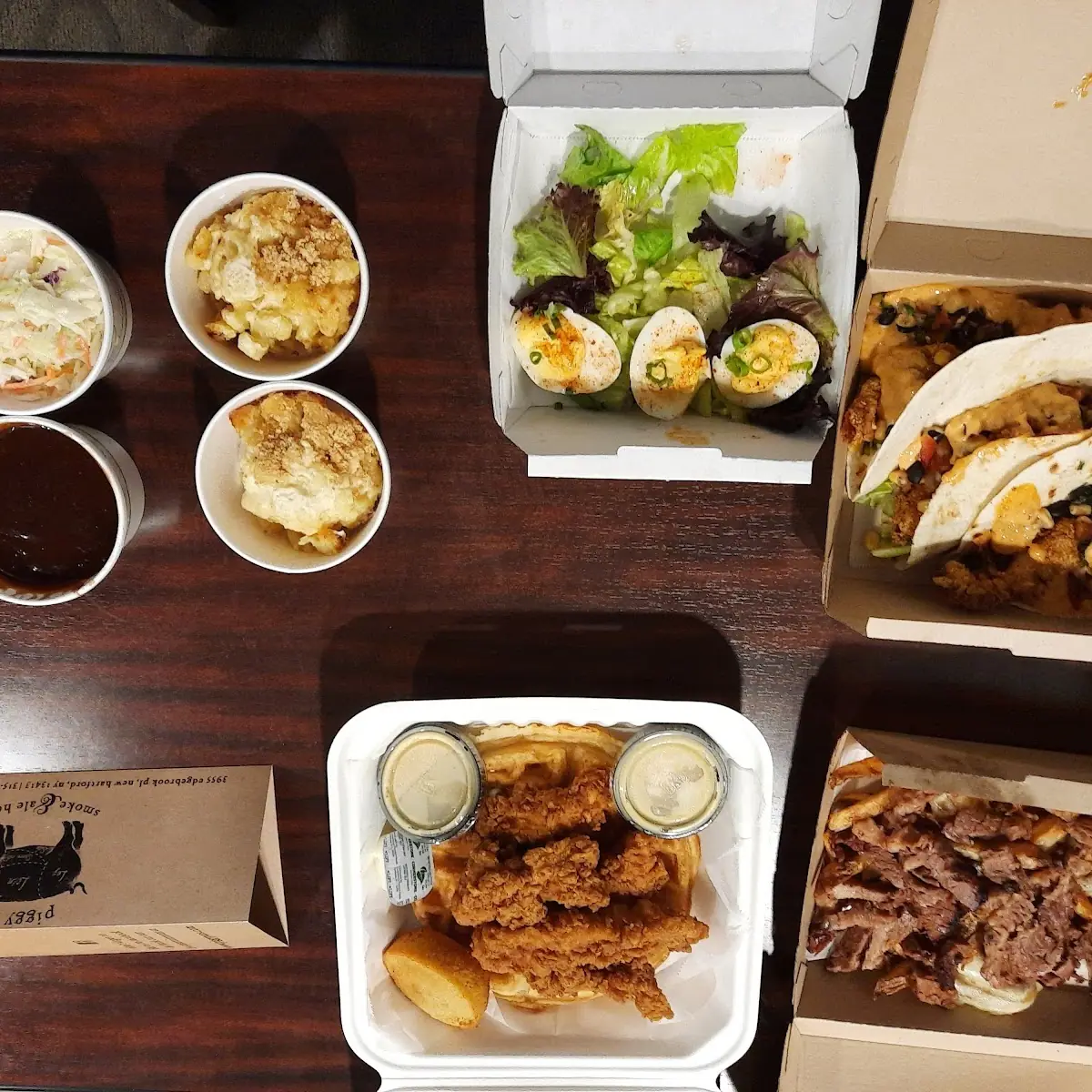 Catfish Tacos Brisket Poutine Pouting Mac N Cheese Cole Slaw and Deviled Eggs