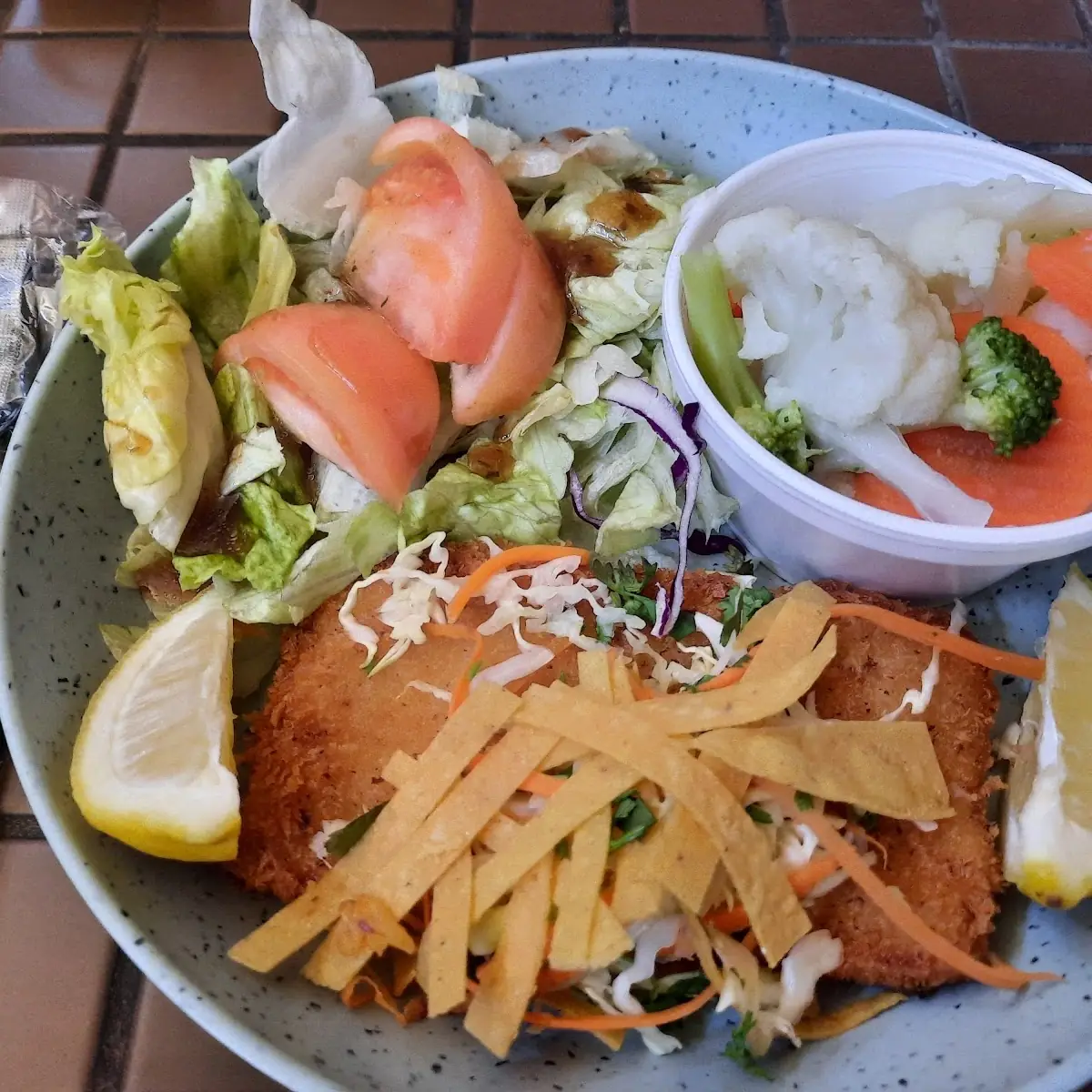 Freshly Fried Dorado Fish Filet with Steamed Vegetables and Green Salad
