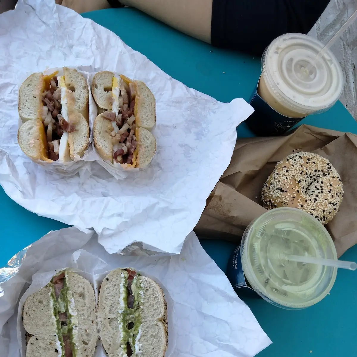 Matcha Latte Avocado Cream Cheese Bill-Es Bacon Egg and Cheese Caramel Latte Sesame Bagel