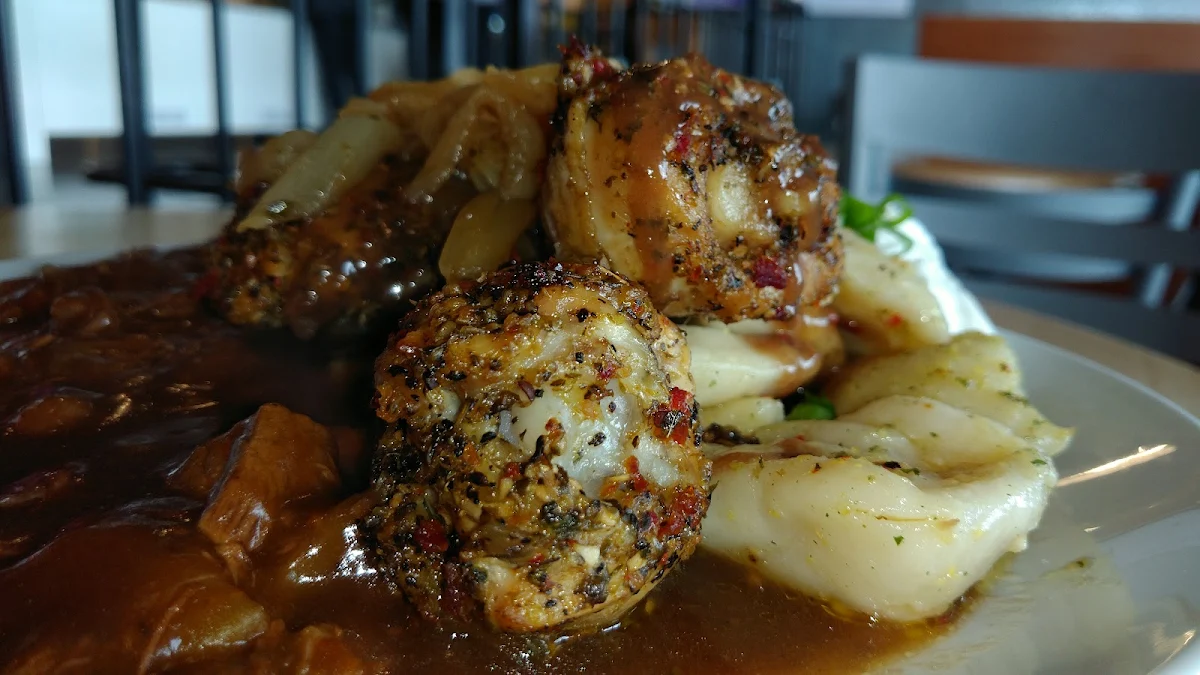 Greek Chicken and Perogies with Beef Stew, Sharky's Chophouse & Eatery