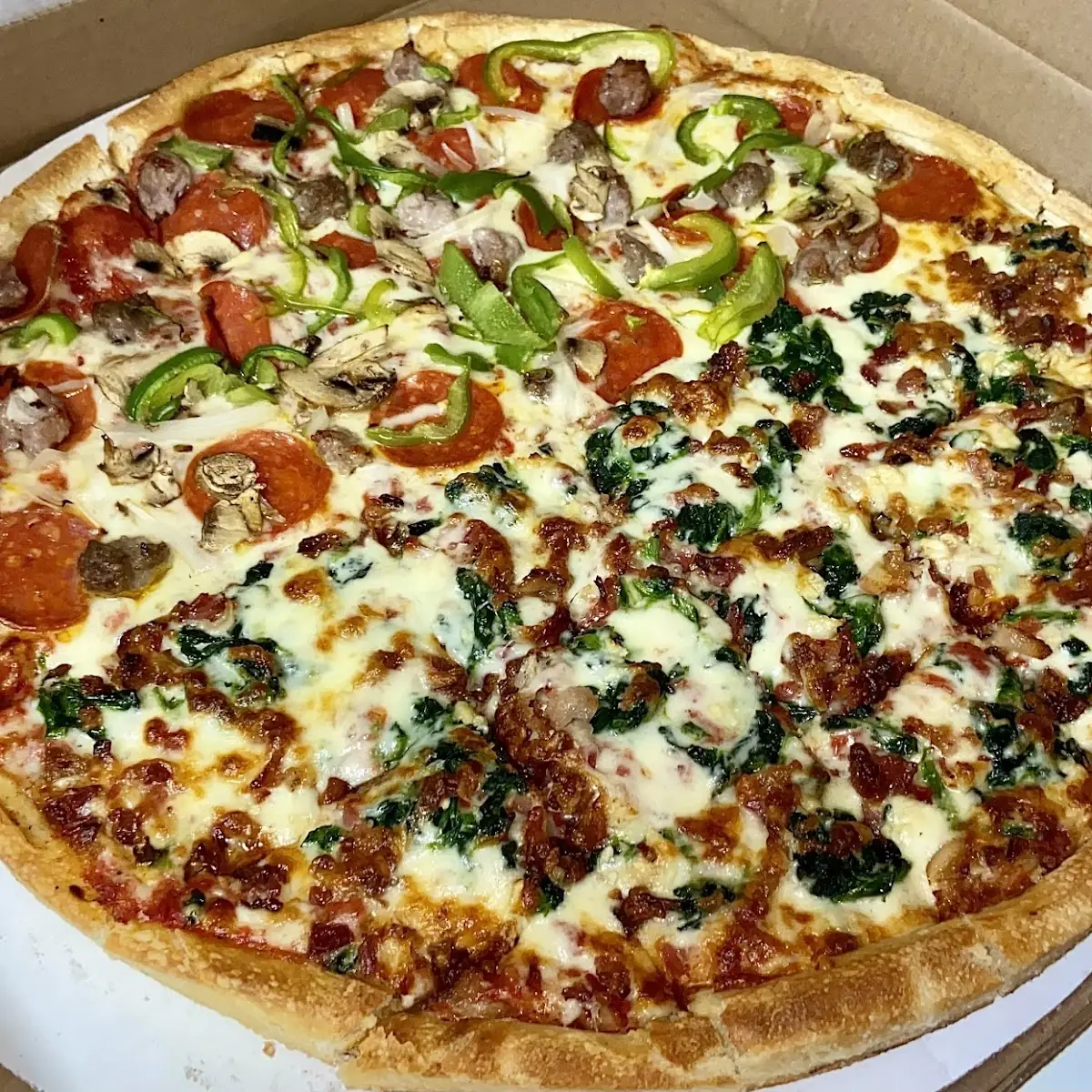 Everything Pizza Half Sausage and Spinach