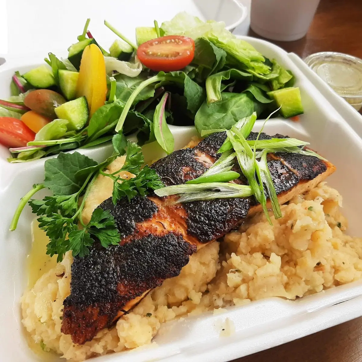 Blackened Salmon with Seafood Mashed Potatoes