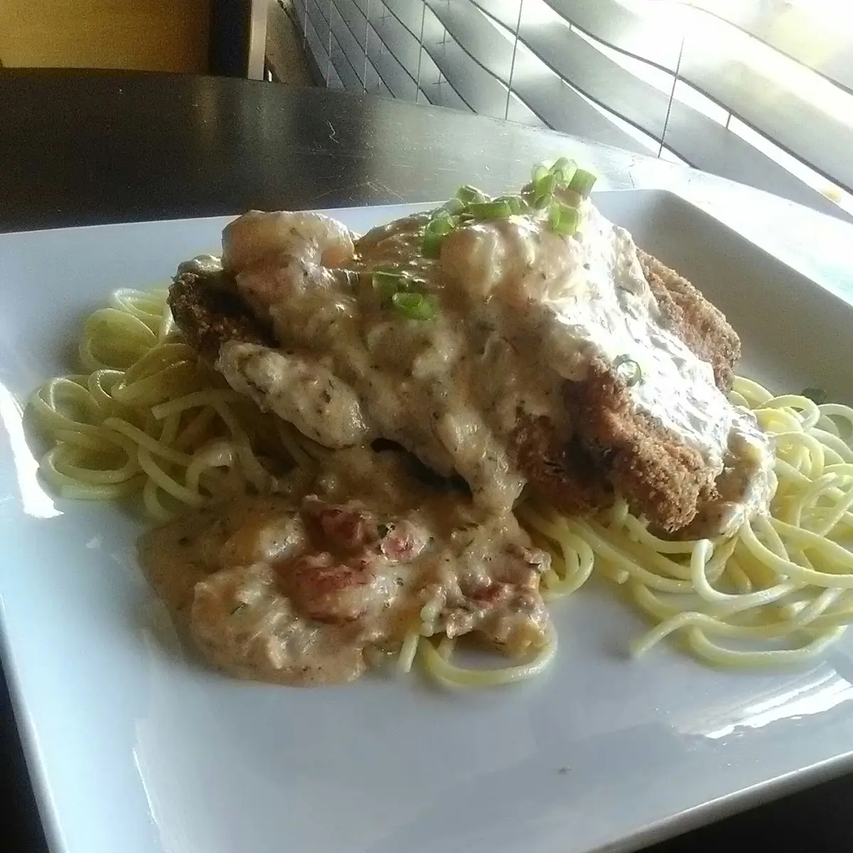 Fried Eggplant and Seafood Pasta