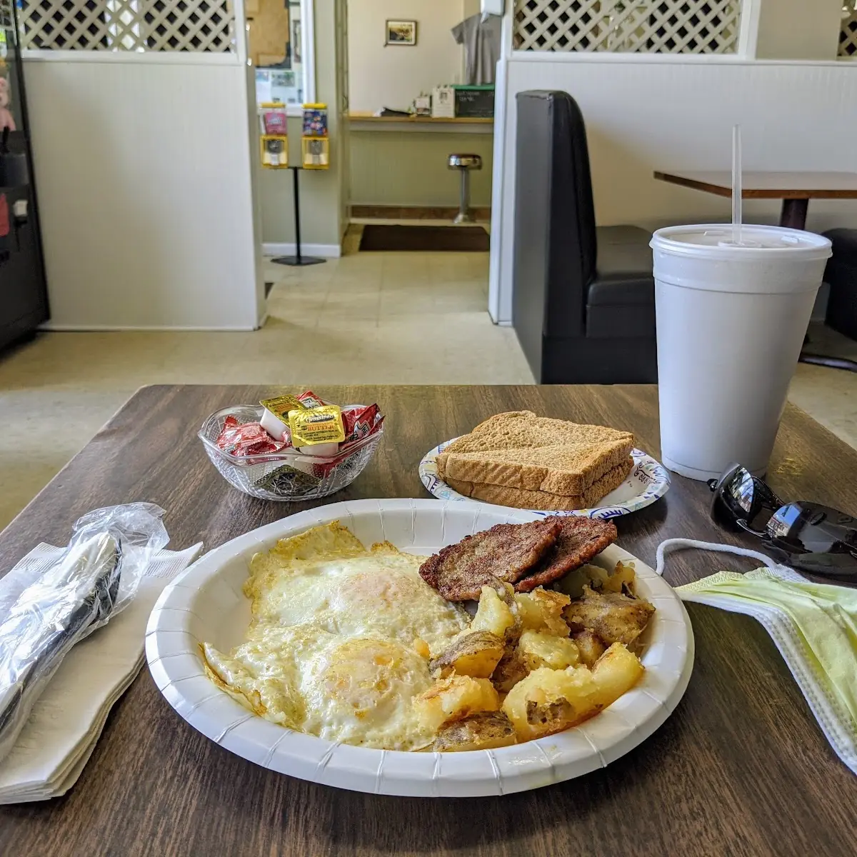 Eggs over Easy with Sausage Patties and Wheat Toast