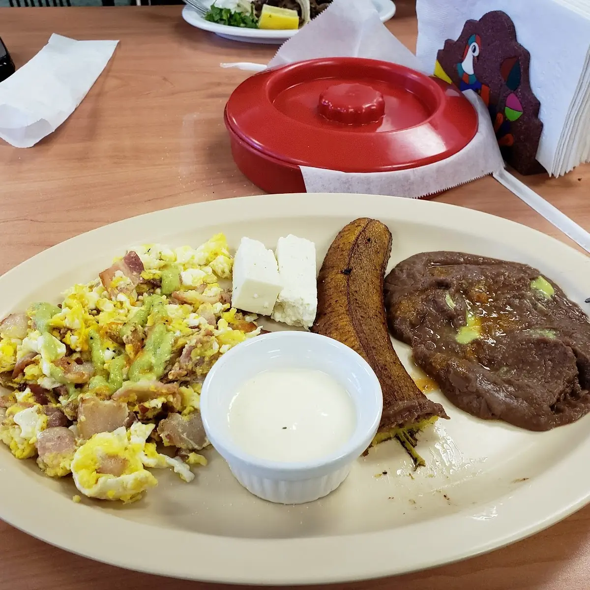 Scrambled Egg Plate with Fried Plantain and Red Beans