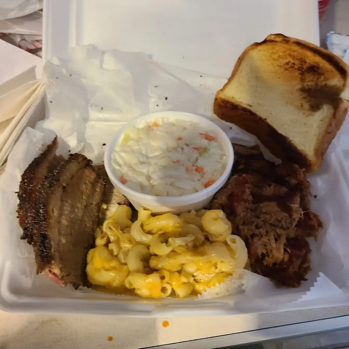 Brisket Pulled Pork Mac N Cheese and Coleslaw
