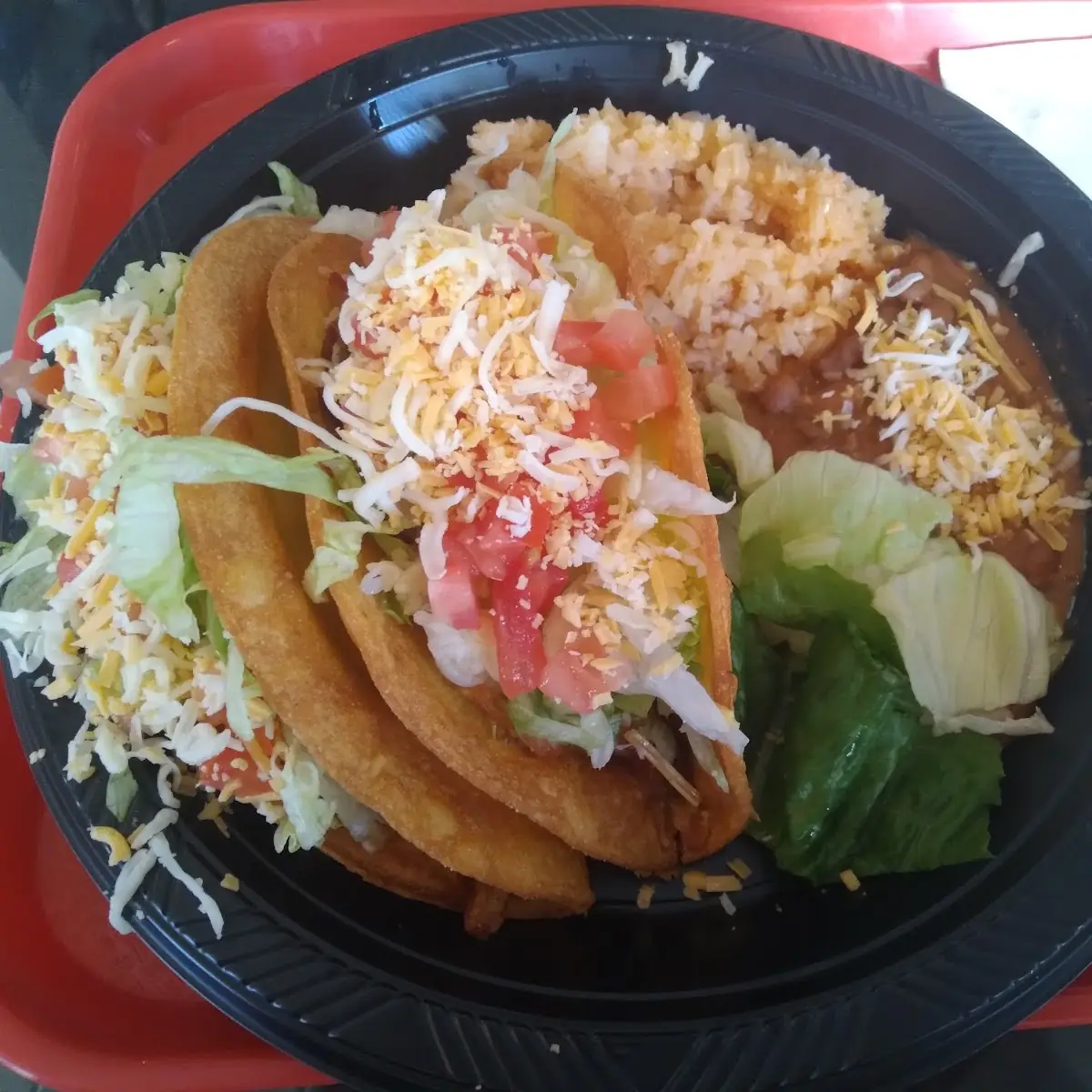 Hard Shell Chicken Tacos with Rice and Beans