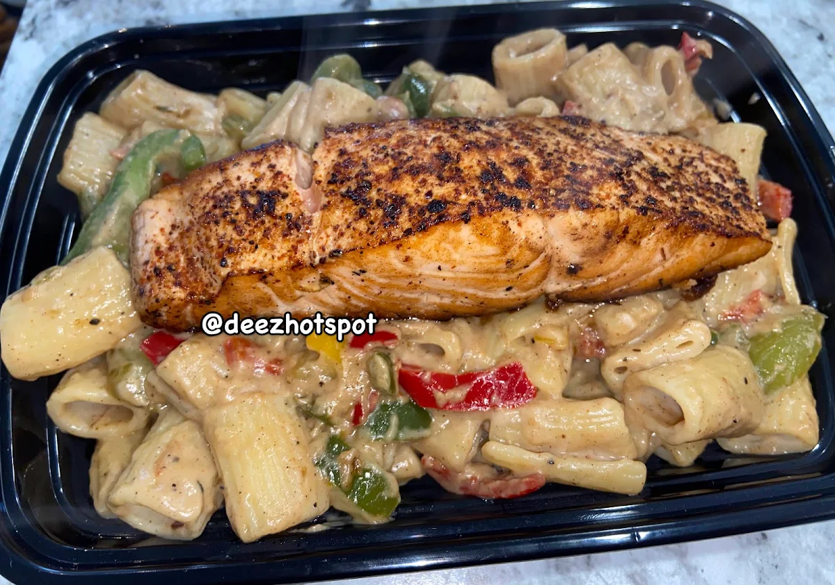 Grilled Salmon Kabobs over Alfredo Pasta