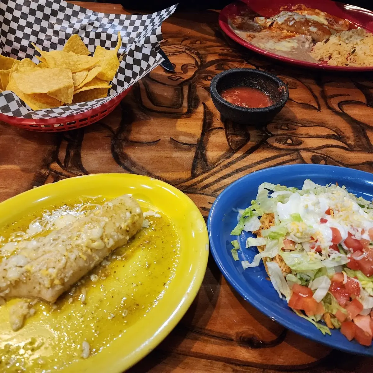 L Cheese Enchilada Salsa Verde R Chicken Tostada
