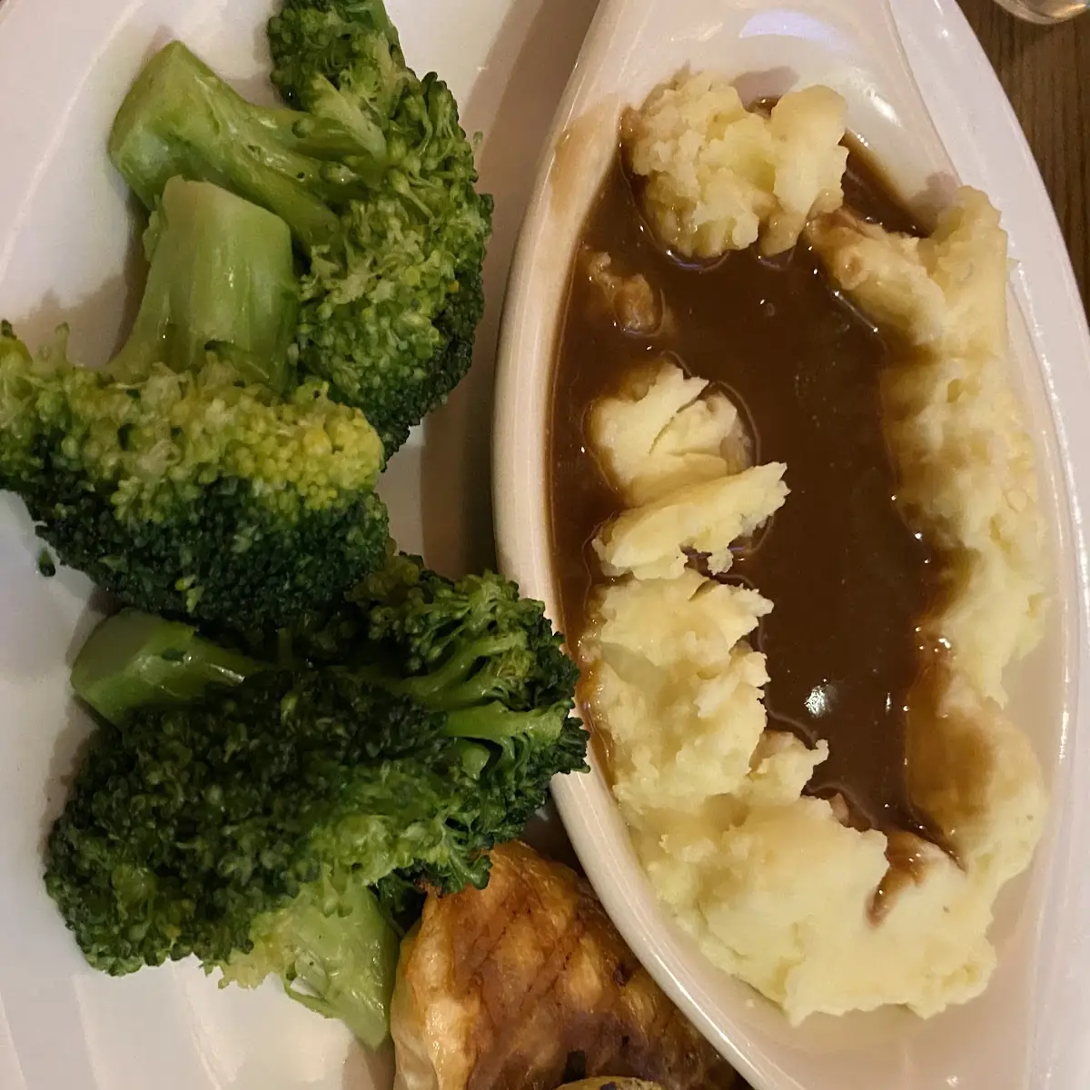 Salmon Dinner Side Broccoli and Mashed Potatoes with Gravy