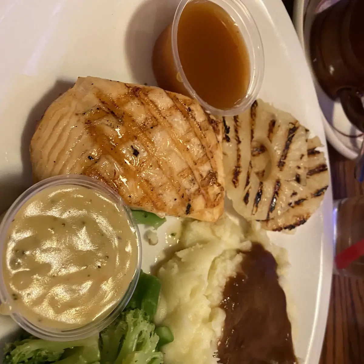 Salmon Dinner with Mashed Potato Gravy and Broccoli