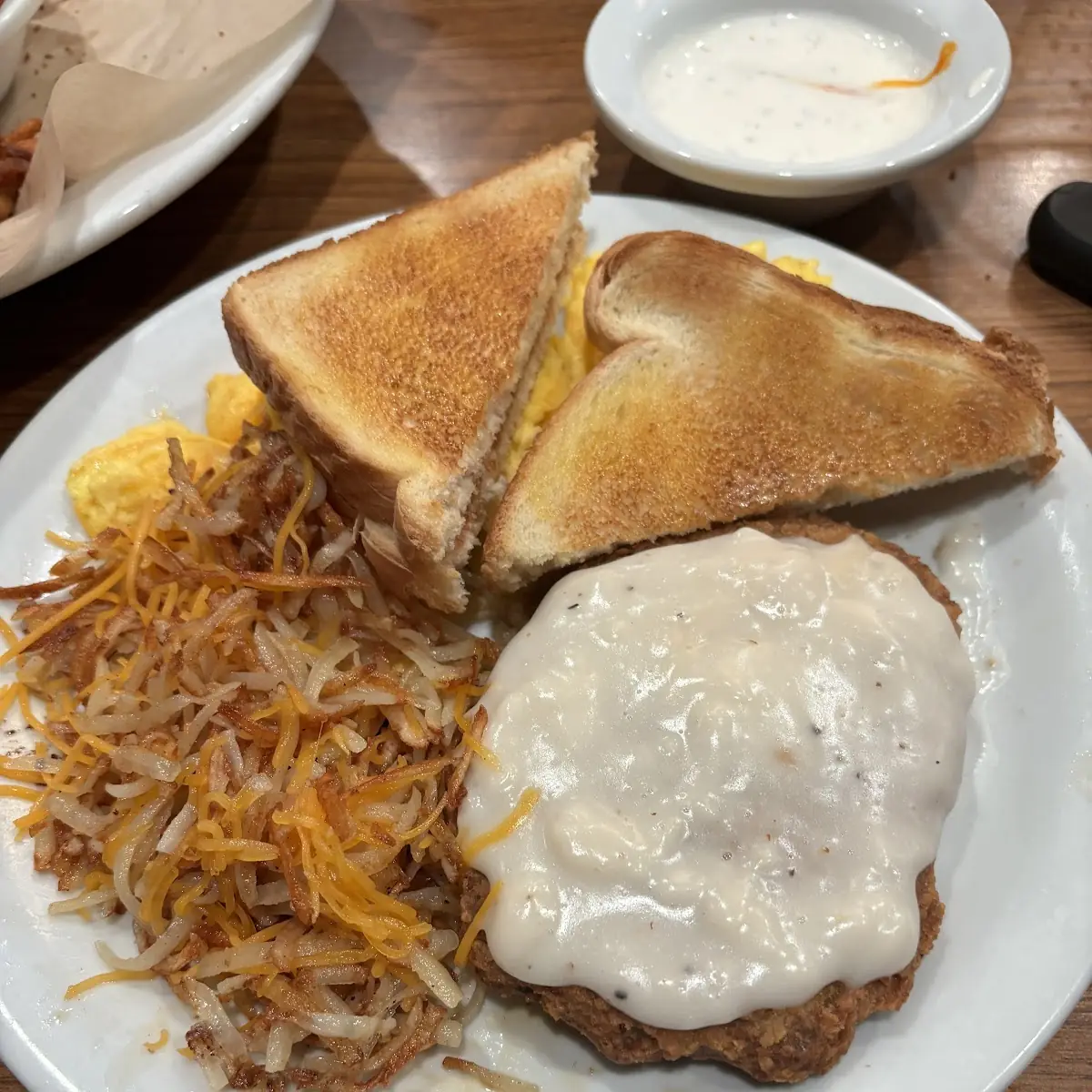Chicken Fried Steak and Eggs with Hashbrowns and Pancakes