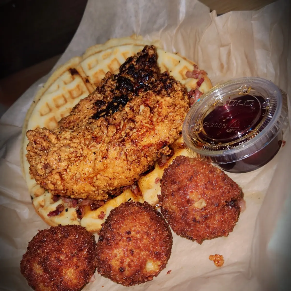 Chicken Waffle Sandwich and Fried Mac &Cheese Bites