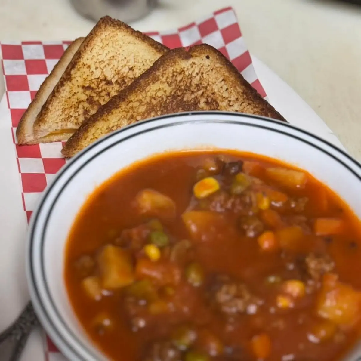 Vegetable Beef Soup with Grilled Cheese