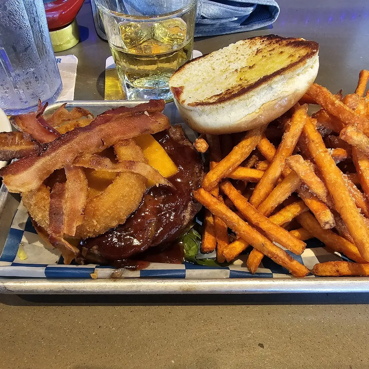 Bacon Cheeseburger with BBQ Sauce and Onion Ring