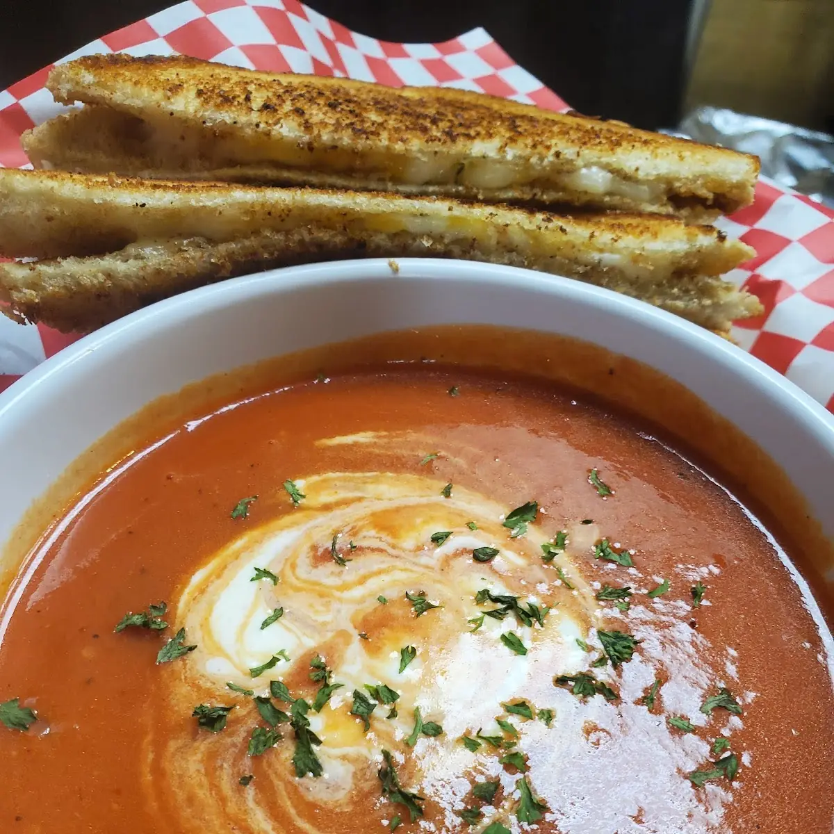 Smoked Tomato Soup with Grilled Cheese