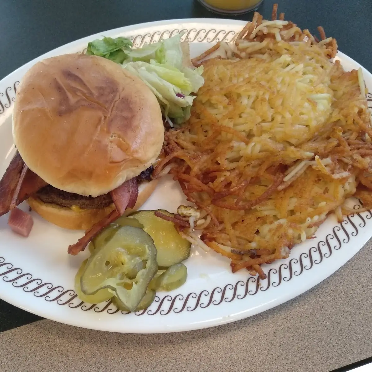 Grilled Bacon Cheeseburger Deluxe and Hash Brown