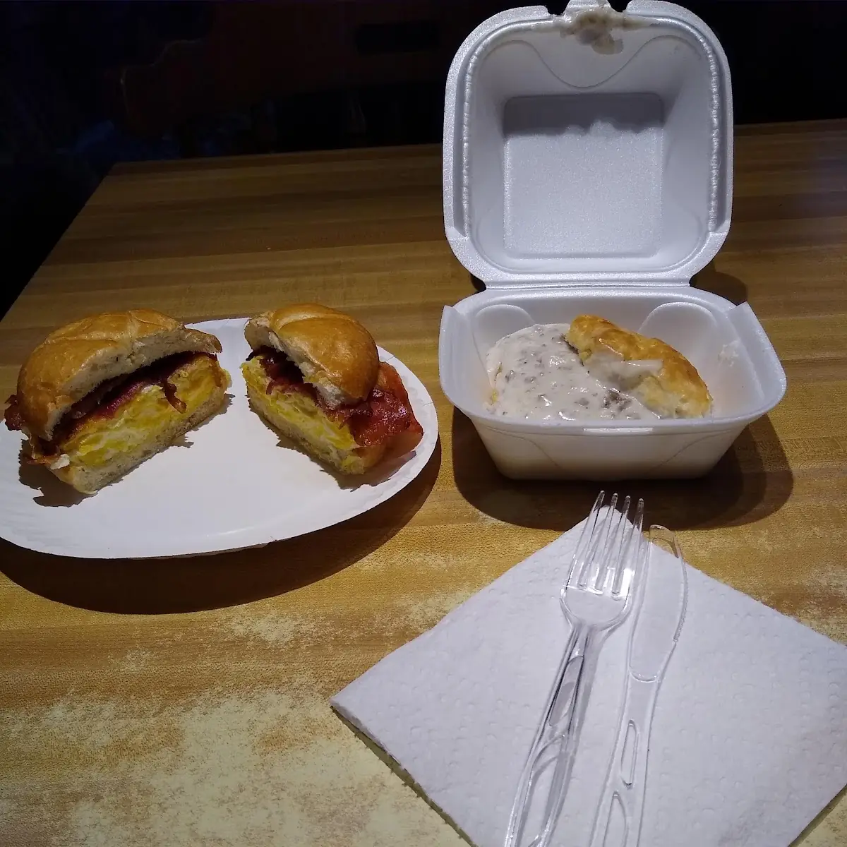 Bacon Egg and Cheese Sandwich and Biscuits and Gravy