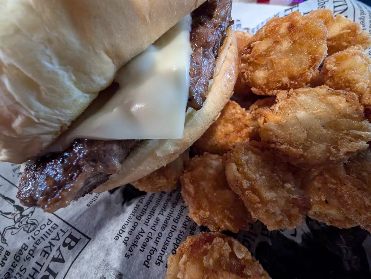Mushroom Swiss Burger and Tots