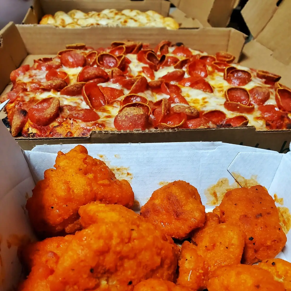 Pepperoni Pizza and Buffalo Boneless Chicken