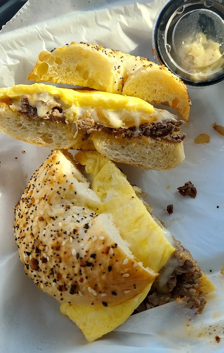 Steak Egg & Cheese on Everything Bagel