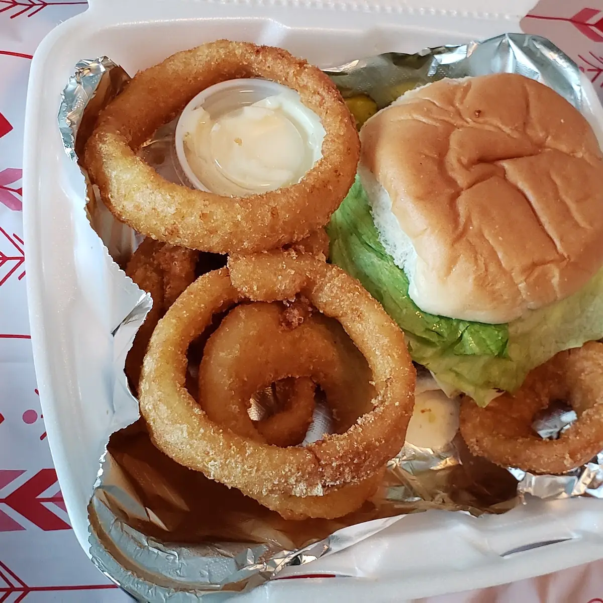 Bacon Cheese Burger and Onion Rings