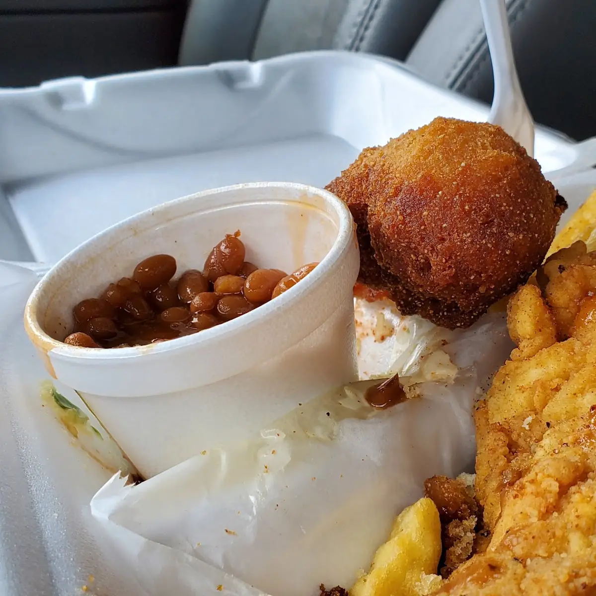 Baked Beans Fried Snapper and Hush Puppies