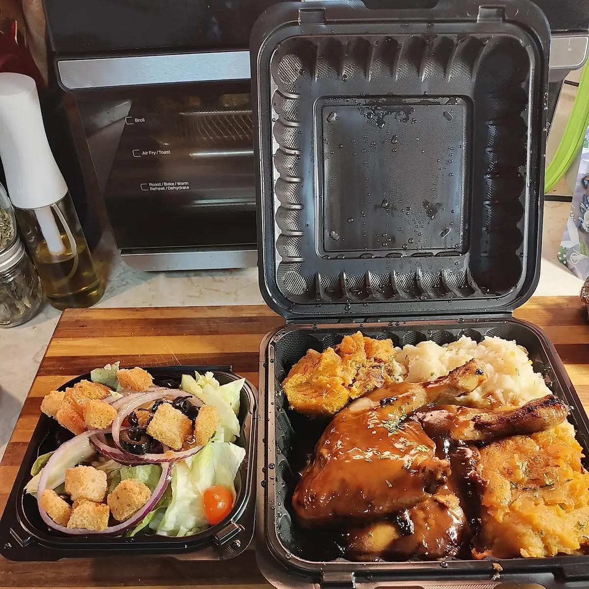 Teriyaki BBQ Chicken Quarters with Mashed Potatoes and Candied Yams Side Salad with Italian Dressing