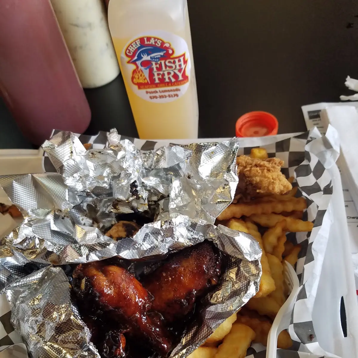 Sampler Platter with Catfish Wings and Fries