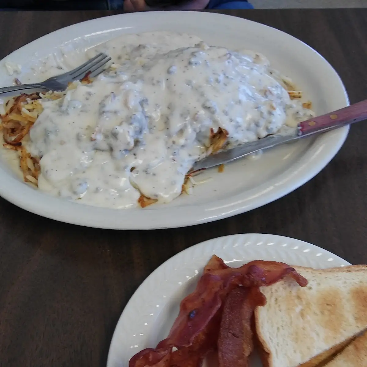 Biscuits and Gravy Hash Browns Bacon and Coffee