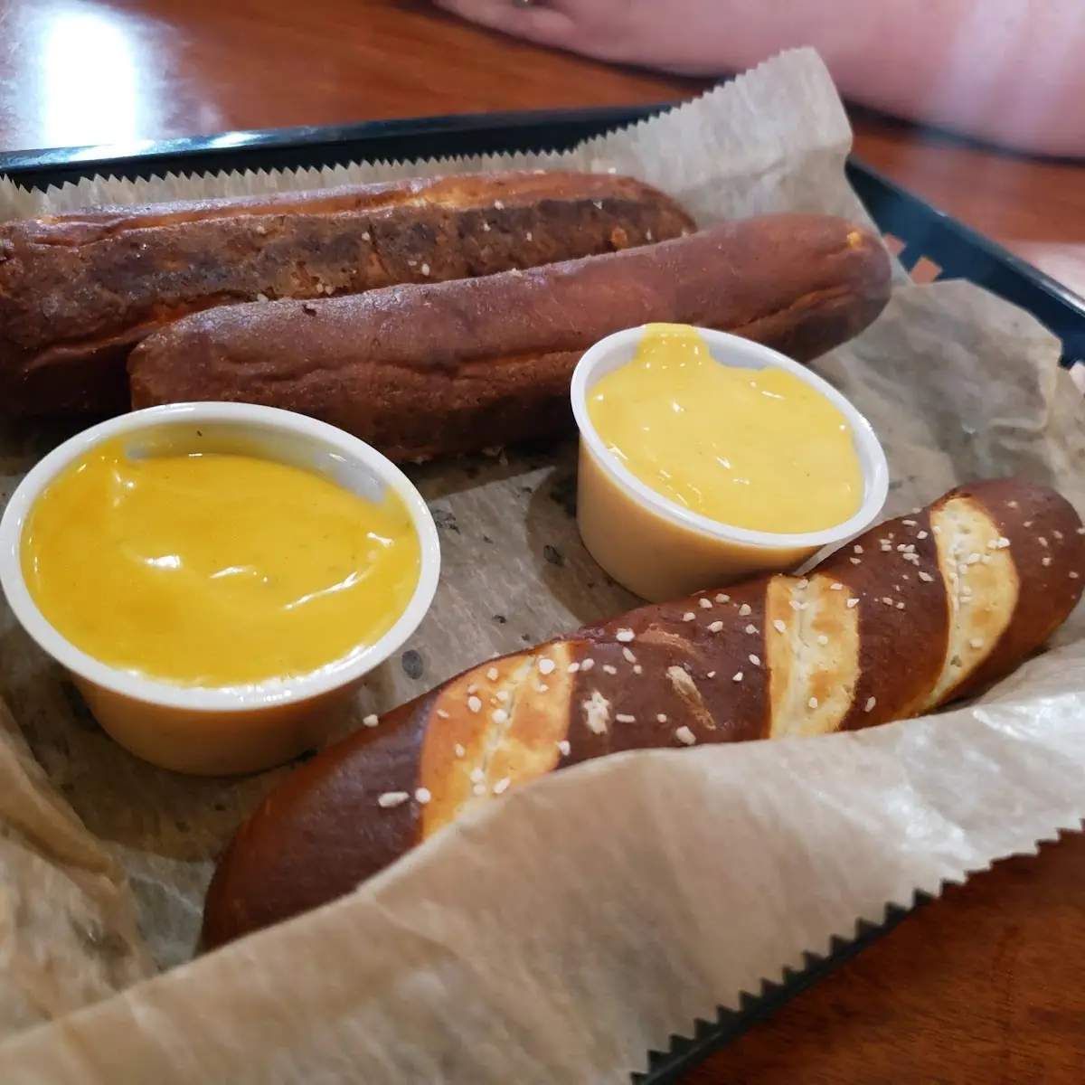 Pretzels and Honey Mustard and Nacho Cheese Sauce